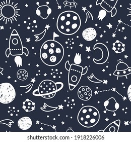 vector seamless pattern, space related objects on a dark blue background, constellations, stars and planets