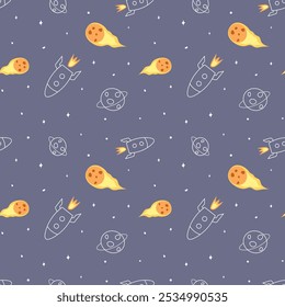 Vector seamless pattern with space, rocket, planet and meteorite