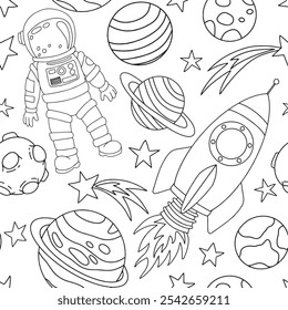 Patrón sin fisuras de Vector con cohete espacial, planetas y astronauta. Libro para colorear en estilo doodle