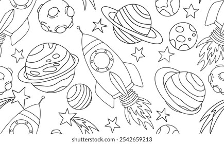 Patrón de Vector sin fisuras con cohete espacial y planetas. Libro para colorear en estilo doodle