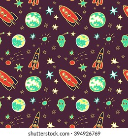 vector seamless pattern with  space rockets, planets and stars, hand drawn  illustration