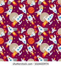 vector seamless pattern of space ships flying in the space among planets and stars in flat design style purple background