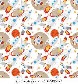 vector seamless pattern of space ships flying in the space among planets and stars in flat design style