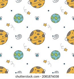 Vector seamless pattern with space, stars and planets for children`s textiles.