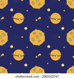 Vector seamless pattern with space, stars and planets for children`s textiles.