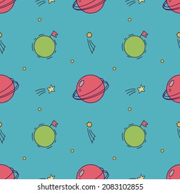 Vector seamless pattern with space, stars and planets for children`s textiles.