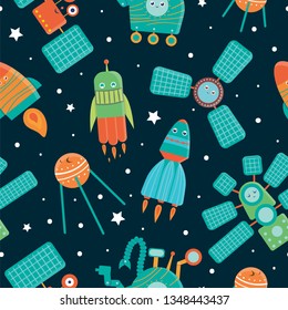 Vector seamless pattern of space technics for children. Bright and cute flat illustration of spaceship, rocket, satellite, space station, rover on dark blue background