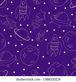 Vector seamless pattern. Space theme. Hand drawn elements: spaceship, UFO, stars, planets. Violet background. Great for wallpaper, fabric, textile, decor.