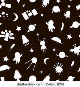 Vector seamless pattern of space white silhouettes. Black and white repeat background with planet, star, spaceship, satellite, moon, sun, asteroid, astronaut, alien, ufo. Line drawing for children