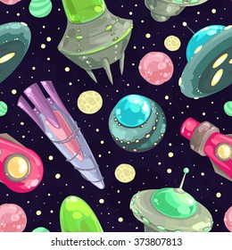 Vector seamless pattern with spaceships, stars and planets. Space cartoon background.