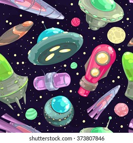 Vector seamless pattern with spaceships, stars and planets. Space cartoon background.