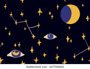 Vector seamless pattern with space,stars, moon. Hand drawn repeat background with eyes. Cute fabric design.