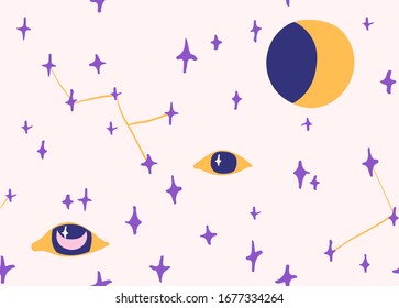 Patrón veloz con espacio, estrellas, luna. La mano dibuja el fondo de nuevo con los ojos. Diseño de tela.