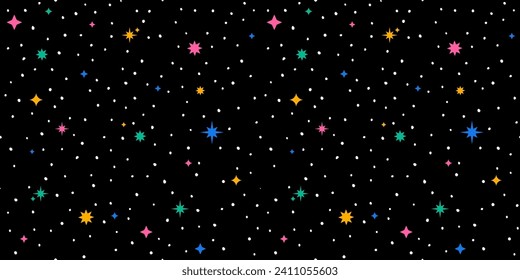 Vector Seamless Pattern with Sparkle Stars Figure. Minimal Modern Geometric Background. Texture with Retro Shapes Stars. Colorful Stars and Dots on Black Night Sky