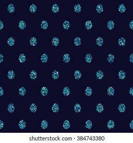 Vector seamless pattern with sparkling Easter eggs. Dark blue glitter background perfect for fabric and textile design and wrapping paper.