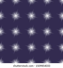 Vector seamless pattern. Sparkling stars flash on a dark purple background. Geometry. Wrapping paper, packaging, fabric, textiles.