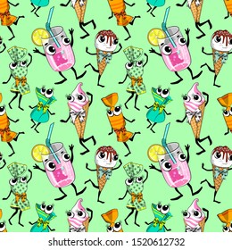 Vector seamless pattern with sparkling water, ice cream and candies.  