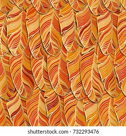 Vector seamless pattern. Spectacular bright red feathers with Golden contour drawn manually. The pattern will look spectacular background for the design of banners and invitations.