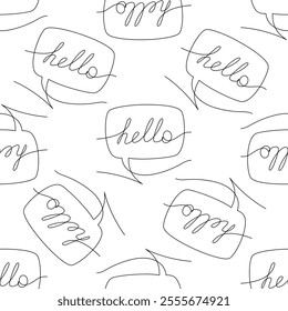 Vector seamless pattern with speech bubbles with word hello. Hand drawn one continuous line. Bubble with word Hello. Vector doodle illustration. Speech phrase icon comics.