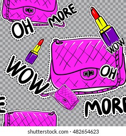 Vector seamless pattern with speech, expression, purse, lipstick. Hand drawn cute and fun fashion illustration sketch patches or stickers. Modern doodle pop art endless design