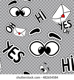 Vector seamless pattern with speech, mail, expression, cool face, eyes, eyebrows. Hand drawn cute and fun fashion illustration sketch patches or stickers. Modern doodle pop art endless design