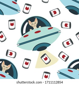 Vector seamless pattern a sphinx cat in a flying saucer raises a can of cat food. Alien, UFO, unidentified flying object.