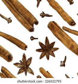 vector seamless pattern with spice, anise,cinnamon and cloves, drawing by watercolor, hand drawn illustration, food ornament