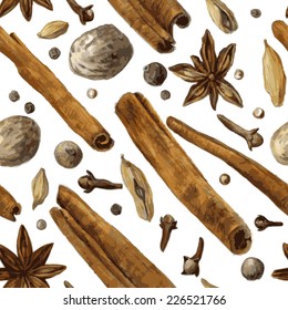 vector seamless pattern with spice, drawing by watercolor, hand drawn  illustration