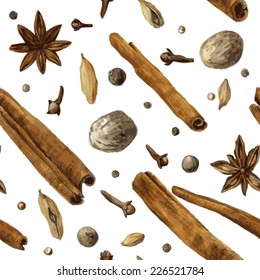 vector seamless pattern with spice, drawing by watercolor, hand drawn illustration