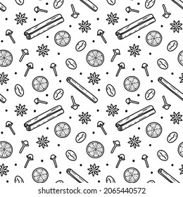 Vector seamless pattern with spices, cinnamon, oranges, clove, anise and coffee beans. Doodle spice pattern.