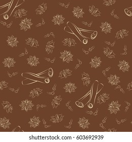 Vector seamless pattern of spices. Cinnamon sticks, sprigs of cloves, star anise.