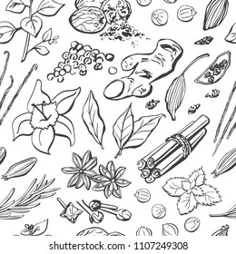 Vector seamless pattern of spices and herbs. Hand drawn elements on background in black and white. Wrapping paper, package, print, backdrop design. Culinary and cooking theme.