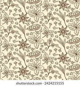 Vector seamless pattern with spices and herbs. Perfect for use to create culinary projects, branding, logo, menus, packaging, patterns, prints, textile design.