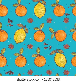 Vector seamless pattern with spices, lemons and oranges.