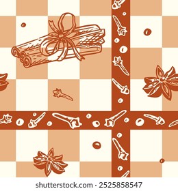 Vector seamless pattern of spices on a checkered background. Aromatic spices of cinnamon sticks, star anise, cloves. Design for printing on textiles, paper, packaging.