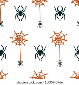 Vector seamless pattern with spider and spider web on white background