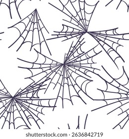 Vector seamless pattern with spider web on white background. Minimalistic Halloween background. Spider web in sketch technique.
