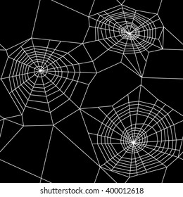 Vector seamless pattern. Spider web background texture on black background.