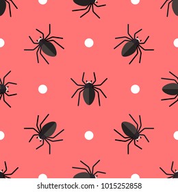 Vector seamless pattern with spiders and circles on red background
