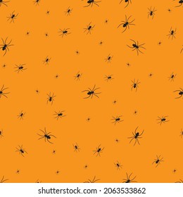 Vector seamless pattern with spiders. Design elements for Halloween party poster. Flat illustration of black spiders on an orange background.