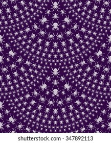 Vector seamless pattern with spiders. Spiders on a purple background in the shape of a fountain.