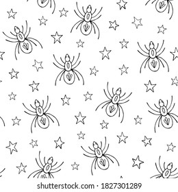 Vector seamless pattern with spiders and stars. Halloween seamless pattern vector. Decoration print for wrapping, wallpaper, fabric.