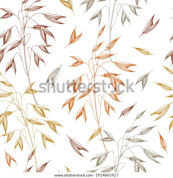 Vector seamless pattern with
spikelets of oats, grain. hand drawn illustration. sketch. graphic
style for label, package. Autumn harvest of
cereals.