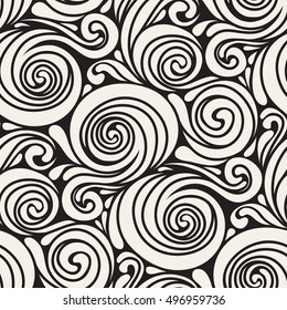 Vector Seamless Pattern With Spiral Curls. Stylized Ocean Waves. Hand Drawn Doodle