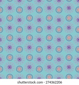 Vector seamless pattern with Spirograph flowers on blue background