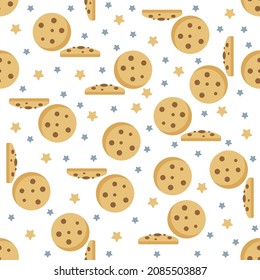 Vector seamless pattern with sponge cookies. Cookies with chocolate chips on a white background . Suitable for wrapping, packaging, fabric, etc