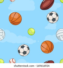 vector seamless pattern of sport balls on sky background