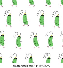 Vector seamless pattern with sport cucumber. Jogging. Emoji