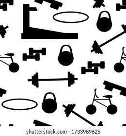 Vector seamless pattern sport, gym equipment on white background. Banner for gym. Black and white