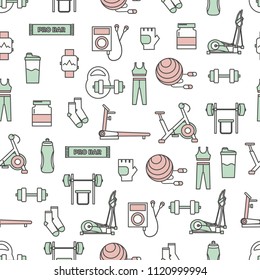 Vector seamless pattern with sport icons. Thin line art flat style design background, wallpaper.